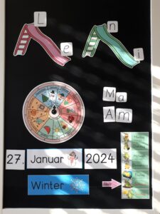Leserutschen zum Silbenlernen (an unserer Magnetwand mit Montessori-Kalender)