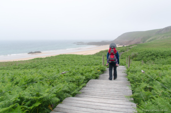Über Holztreppen gelangten wir hinunter zum Strand Lourtuais. Treppen zum Strand Lourtuais an der Smaragdküste