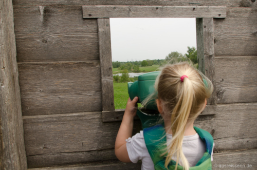 Mit dem Fernglas (und etwas Geduld) kann man die Tiere in der Flutmulde beobachten. Fernglas auf dem Aussichtshügel