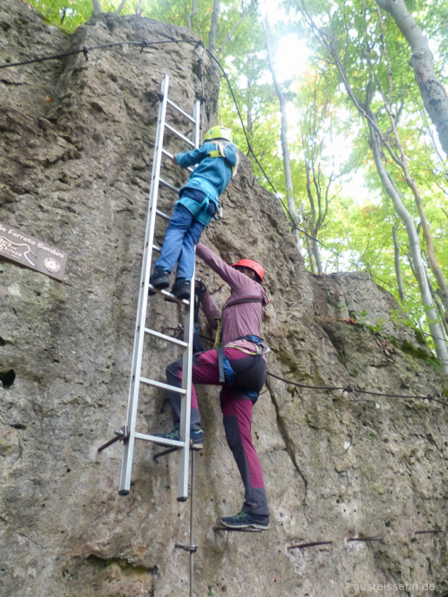 Das Mitführen der Karabiner an der Leiter will geübt sein. Leiter am Kinderklettersteig